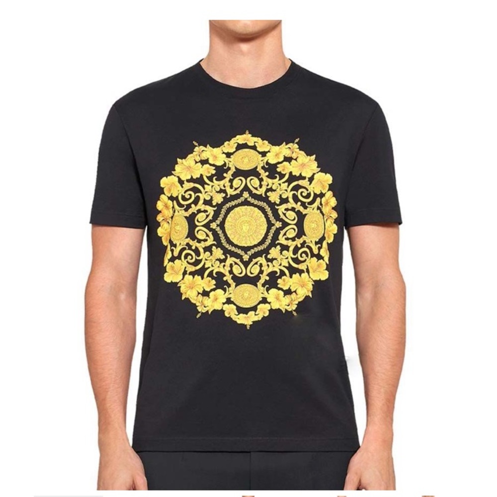VERSACE GOLD HIBISCUS MOTIF SLIM FIT T-SHIRT-BLACK